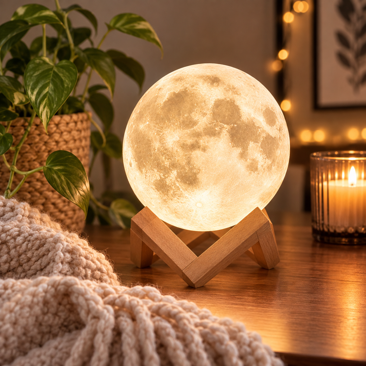 چراغ خواب طرح ماه سهبعدی با پایه چوبی