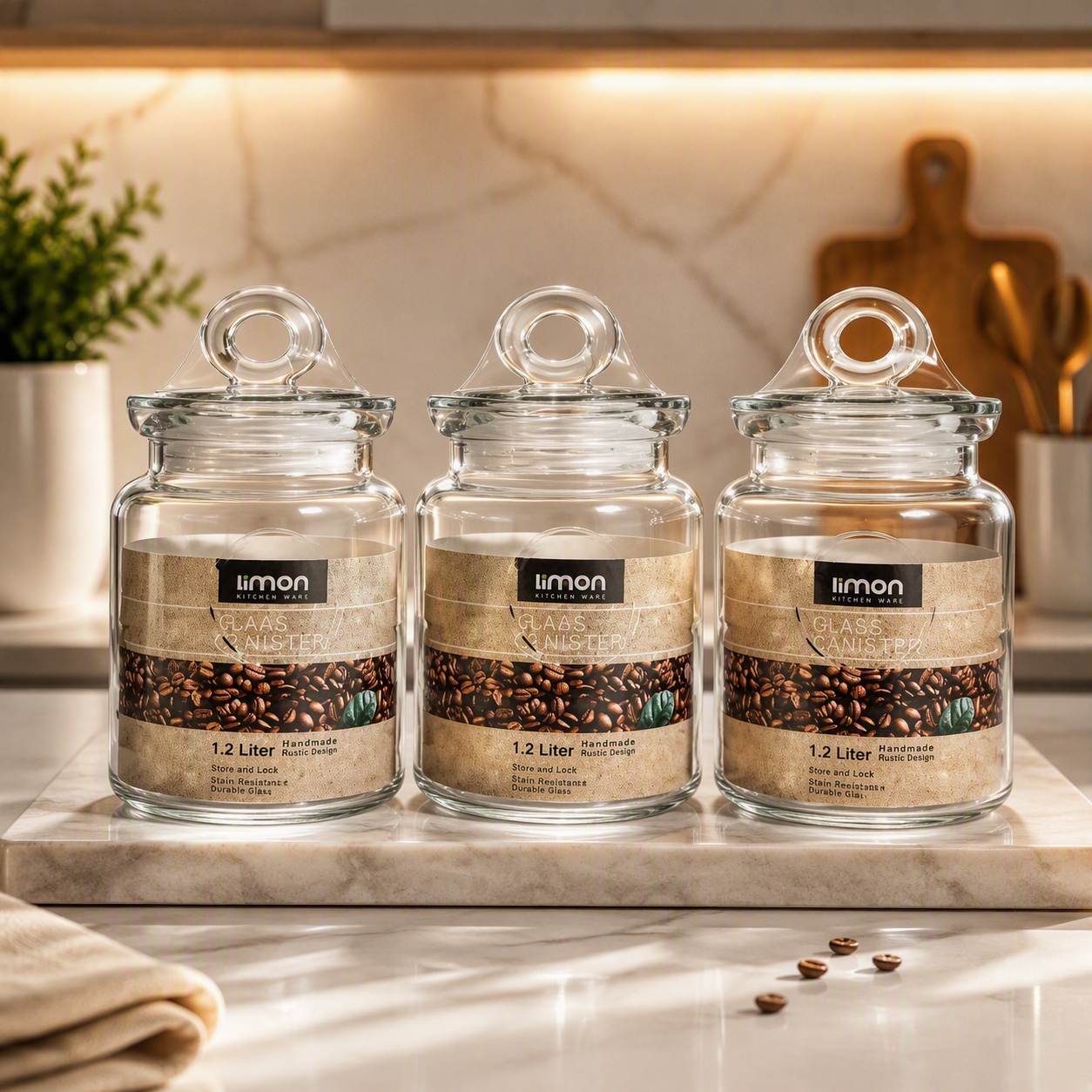 ست 3 عددی بانکه شیشه‌ای لیمون| مدل Glass Canister ظرفیت 1.2 لیتر